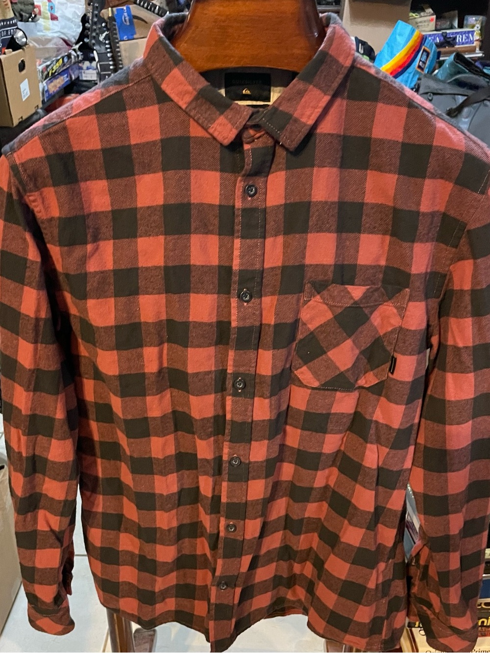 Quiksilver Red and Black Check Flannel Button-Down Shirt